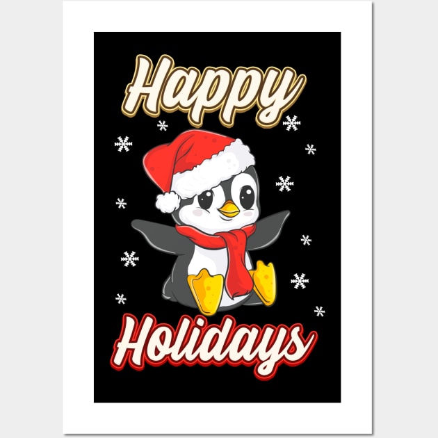 Happy Holidays Cute Penguin Wearing Santa Hat Wall Art by DebbiesDashingDesigns